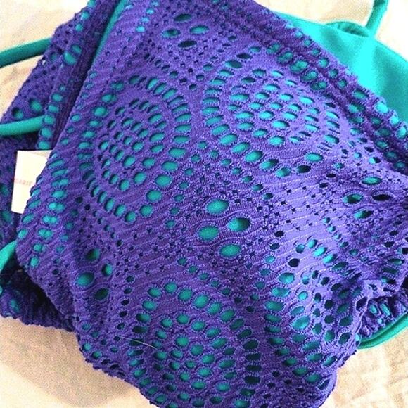 Crochet Eyelet Lace Bikini Sz M BLUE Triangle Bathing Suit Spaghetti Straps NEW - Picture 2 of 15